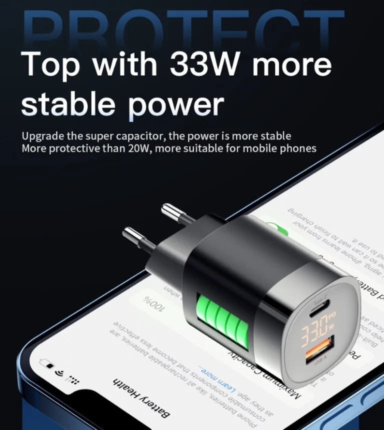 Az Essager 33 wattos töltője mutatja, hogy mennyivel tölt 6