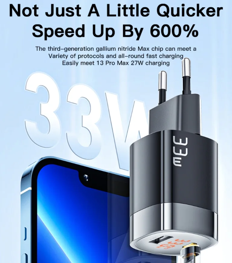 Az Essager 33 wattos töltője mutatja, hogy mennyivel tölt 5