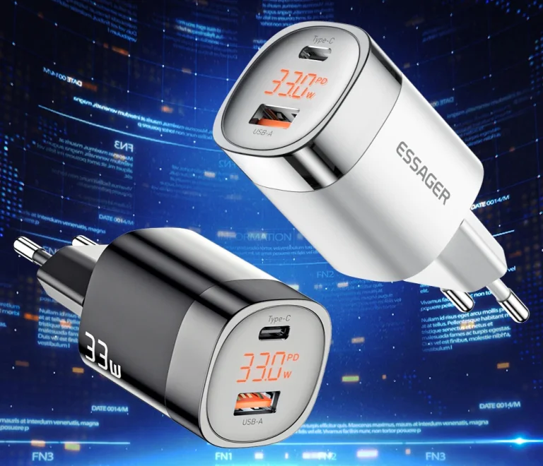 Az Essager 33 wattos töltője mutatja, hogy mennyivel tölt 3
