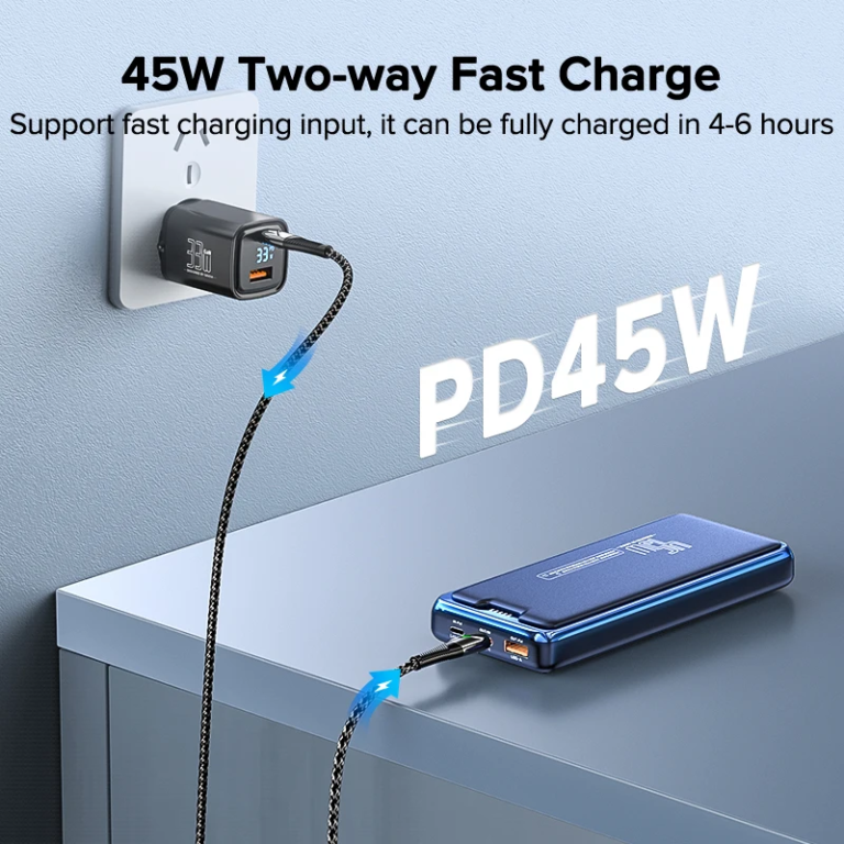 Középkategóriás Qoovi power bank, 45 wattos PD töltéssel 5